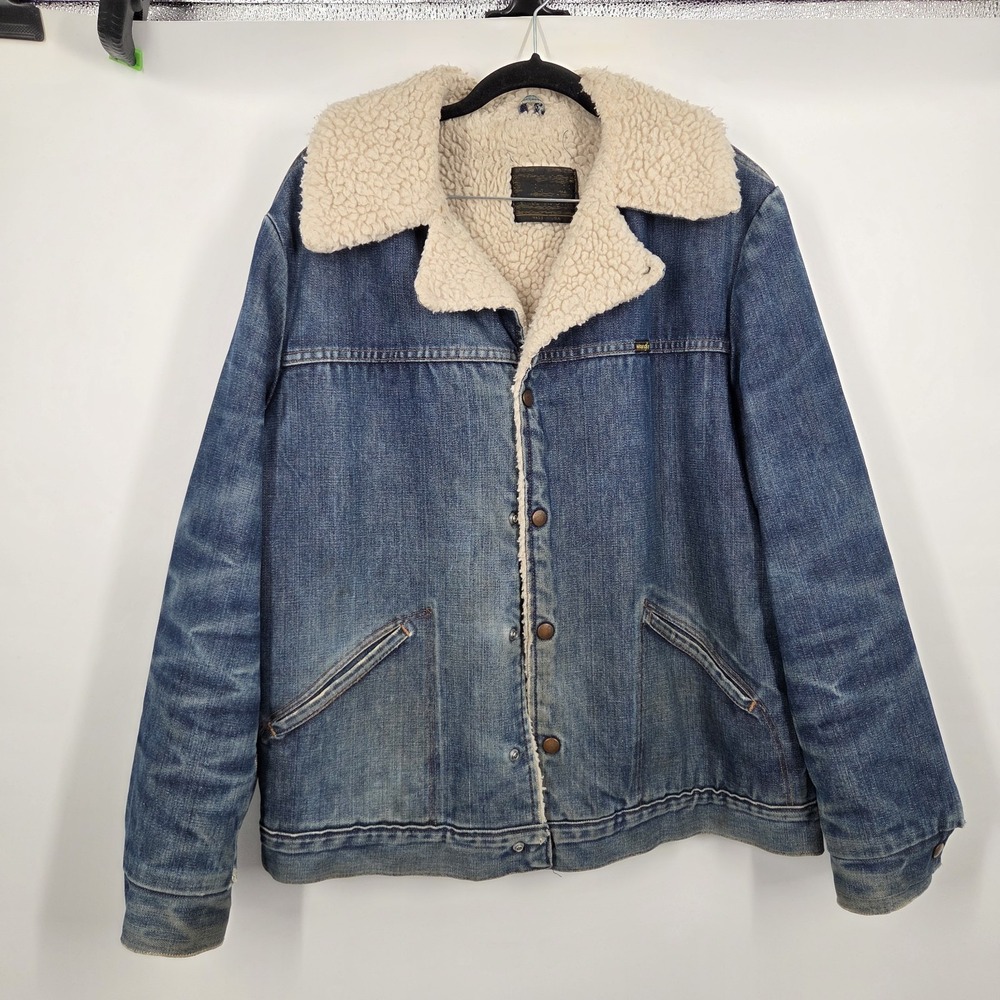 Vtg 70s Wrangler Wrange Coat Sanforset Sherpa Denim Jacket L/XL USA Made Western